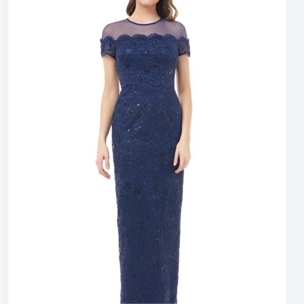 JS Collections Navy Blue Sequin Floral Lace Embroidered Illusion Gown Sz 10 nwt